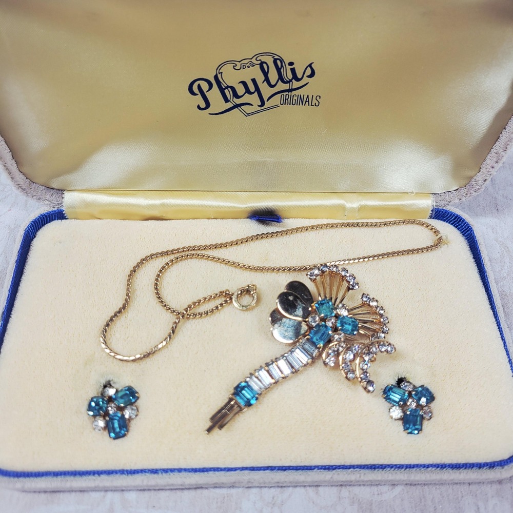 Vintage M & S Phyllis Originals Blue Baguette Rhinestone Demi-Parure Set 3 pc